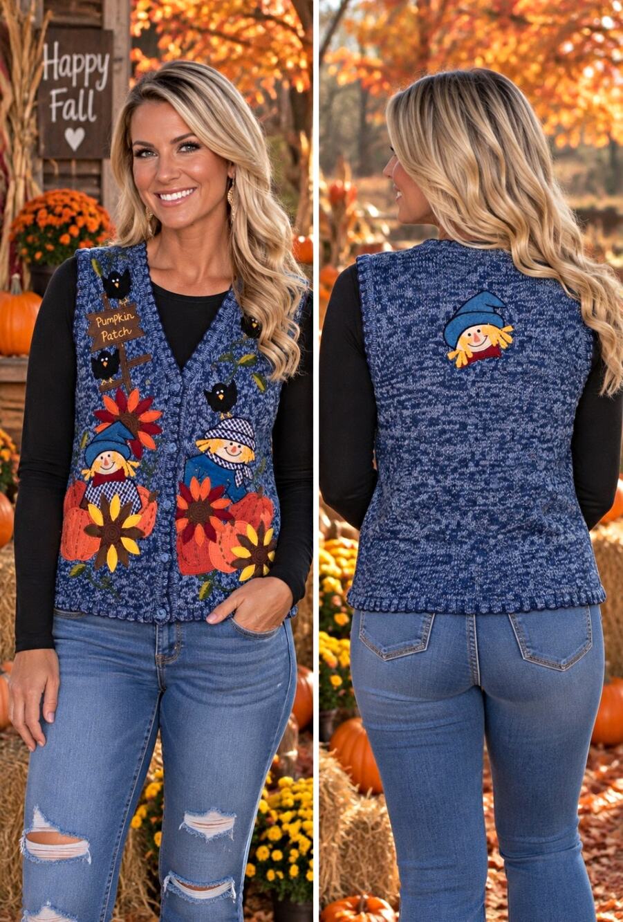 Bobbie Brooks Vintage Fall Sweater Vest Small Pumpkin Scarecrow NWT Applique